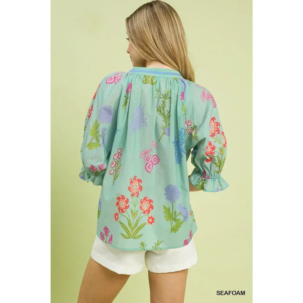 Umgee Floral Split Neck Puff Sleeve Top - Picture 3 of 5